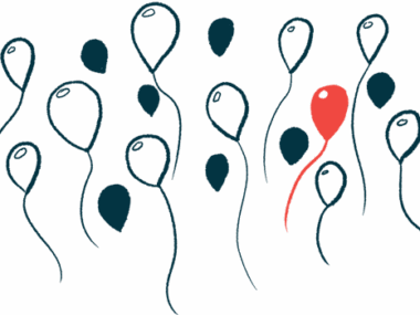 An illustration of a red balloon among black and white ones.
