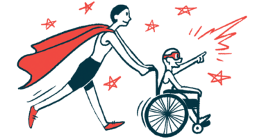 An illustration of a woman in cape pushing child in a wheelchair.