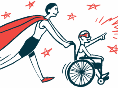 An illustration of a woman in cape pushing child in a wheelchair.