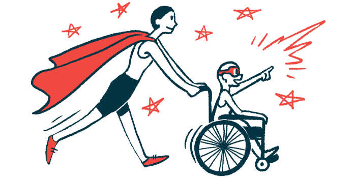 An illustration of a woman in cape pushing child in a wheelchair.