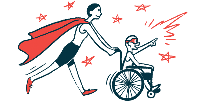 An illustration of a woman in cape pushing child in a wheelchair.