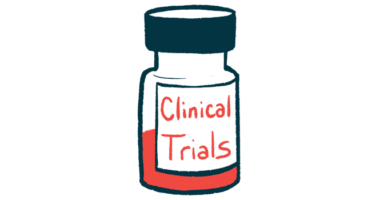 A half-full liquid prescription medication bottle bears a label reading 'Clinical Trials.'