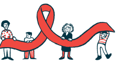 Adults and children are shown raising a disease awareness ribbon.