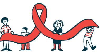 Adults and children are shown raising a disease awareness ribbon.