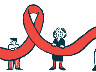 Adults and children are shown raising a disease awareness ribbon.