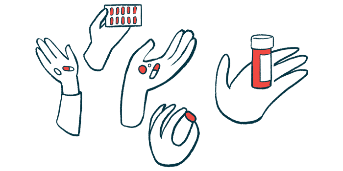 Illustration of hands holding various pills and a pill bottle.