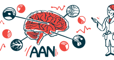 An illustration for the American Academy of Neurology's annual meeting shows a doctor highlighting different parts of the brain during a conference presentation.