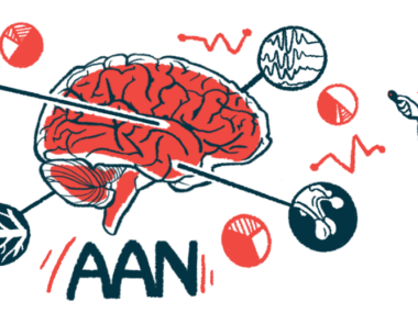 An illustration for the American Academy of Neurology's annual meeting shows a doctor highlighting different parts of the brain during a conference presentation.