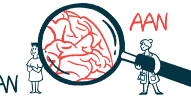 This illustration for the American Academy of Neurology's annual meeting shows a doctor holding a giant magnifying glass that highlight's a patient's brain.