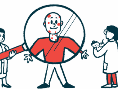 A researcher holds a giant magnifying glass up to a patient while another scientist takes notes.