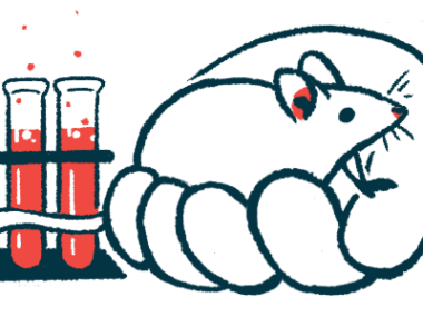 A mouse is held in a hand near test tubes in a lab.