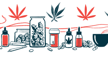 Different types of medical marijuana are shown against a backdrop of marijuana leaves.