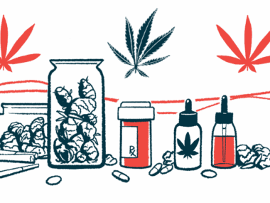 Different types of medical marijuana are shown against a backdrop of marijuana leaves.