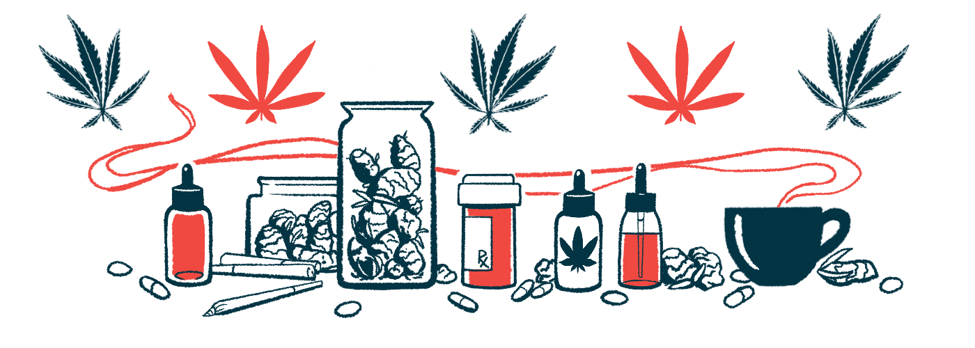 Different types of medical marijuana are shown against a backdrop of marijuana leaves.