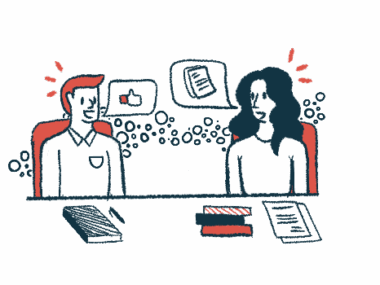 Speech bubbles showing a thumbs-up sign and a stack of documents are shown between two people in a meeting.