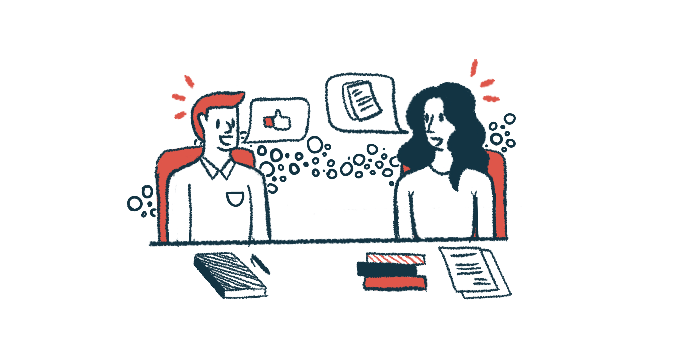 Speech bubbles showing a thumbs-up sign and a stack of documents are shown between two people in a meeting.