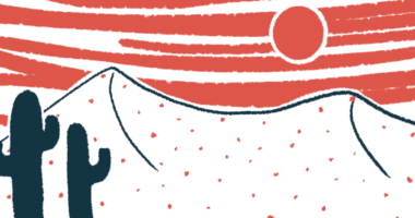 An illustration of a hot sun over a desert landscape.