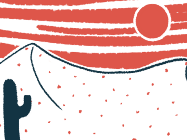 An illustration of a hot sun over a desert landscape.