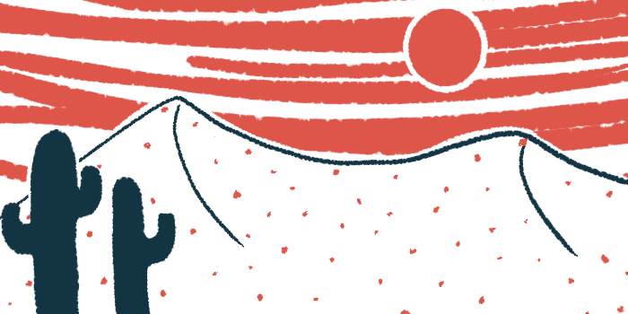 An illustration of a hot sun over a desert landscape.