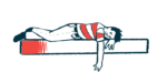 A person lies prone on a surface with one arm hanging down.
