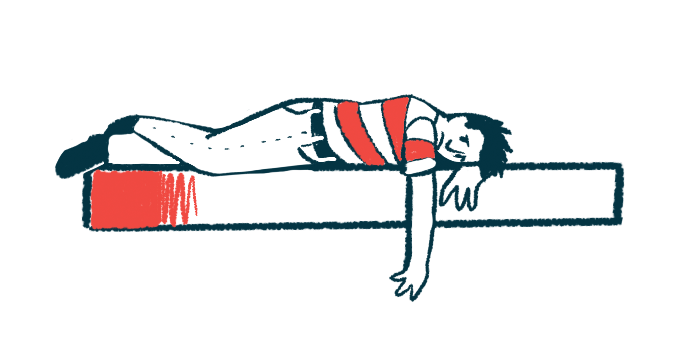 A person lies prone on a surface with one arm hanging down.