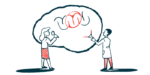 Illustration of two people examining a large brain drawing, highlighting nerve signaling and brain activity.