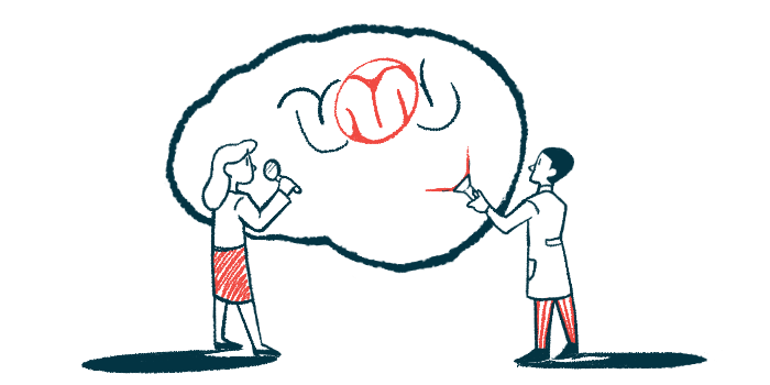 Illustration of two people examining a large brain drawing, highlighting nerve signaling and brain activity.