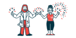 A doctor and a patient, seen standing side by side, each gives a double thumbs up, with fireworks surrounding their hands.