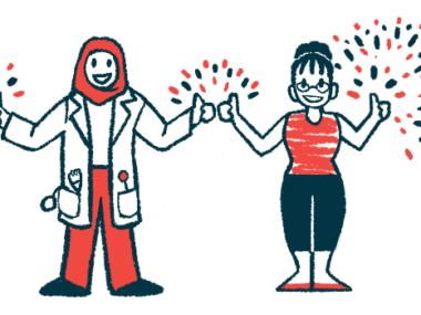 A doctor and a patient, seen standing side by side, each gives a double thumbs up, with fireworks surrounding their hands.