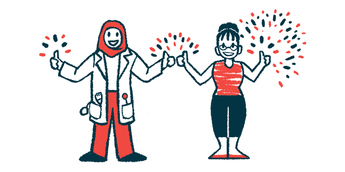 A doctor and a patient, seen standing side by side, each gives a double thumbs up, with fireworks surrounding their hands.